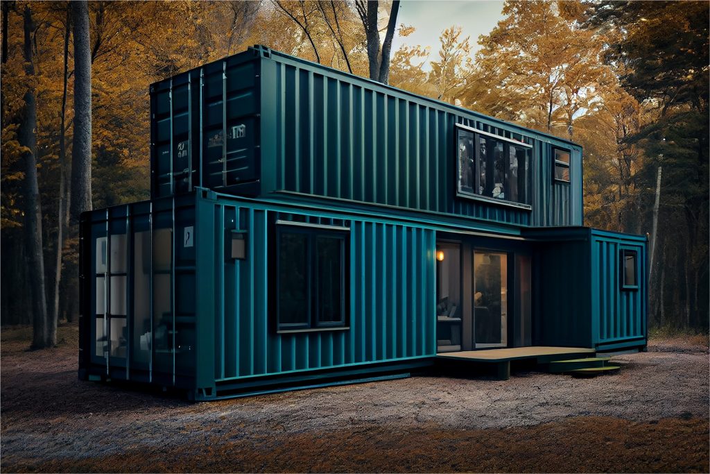 shipping container residential use cottage in woods