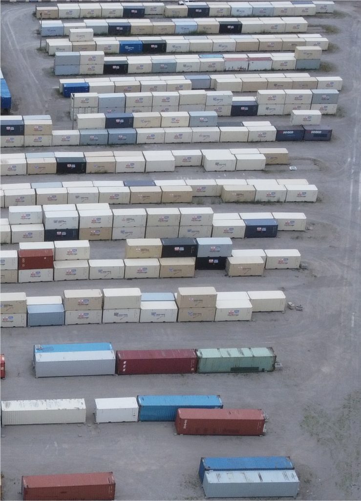 aerial shot of new and used shipping containers for sale